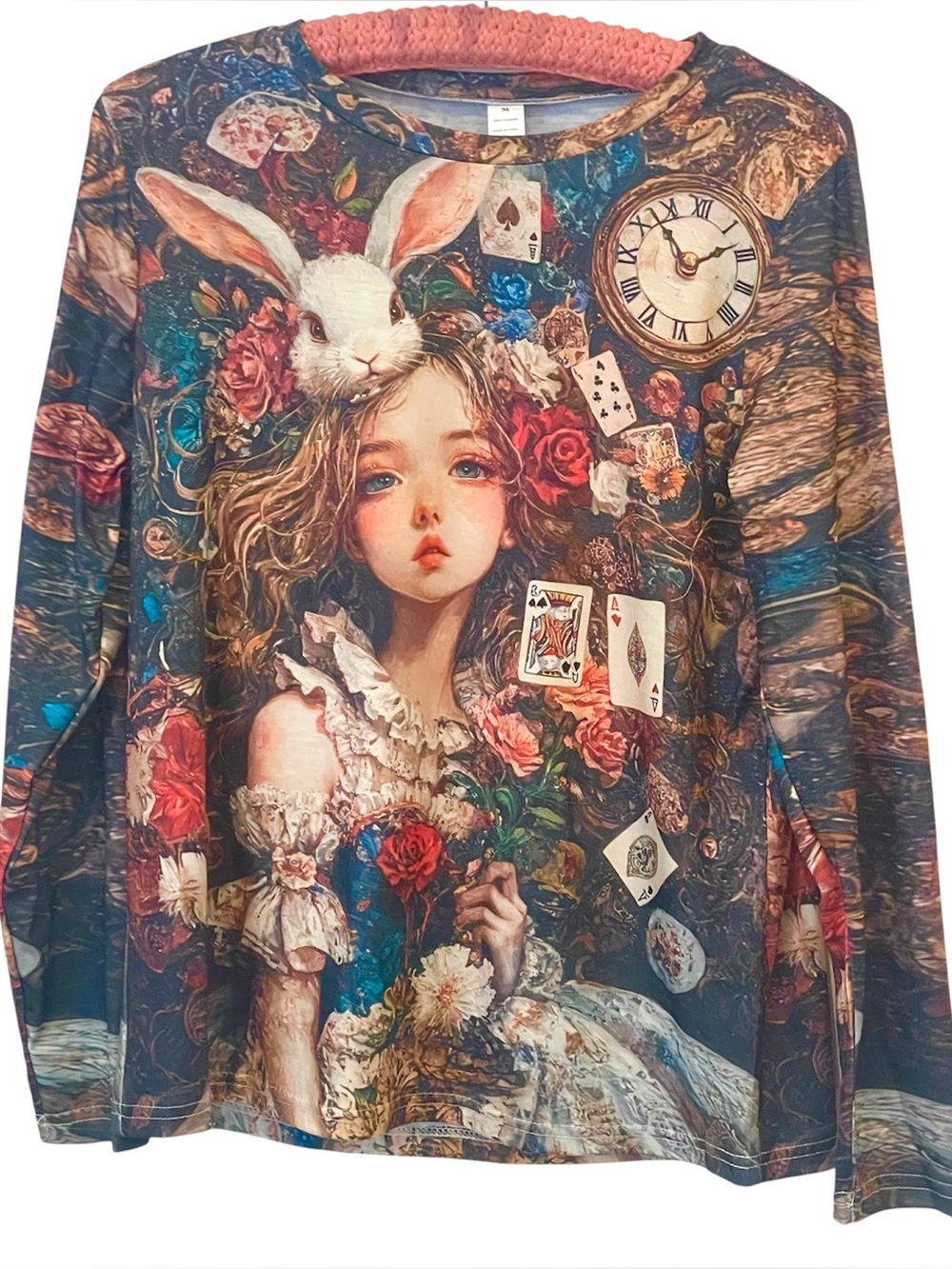 Whimsical Alice-in-Wonderland Graphic Long Sleeve Stretchy Tee Top NWOT